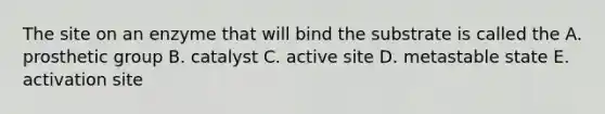 The site on an enzyme that will bind the substrate is called the A. prosthetic group B. catalyst C. active site D. metastable state E. activation site