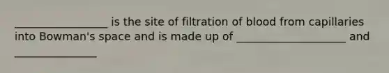 _________________ is the site of filtration of blood from capillaries into Bowman's space and is made up of ____________________ and _______________