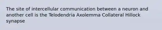 The site of intercellular communication between a neuron and another cell is the Telodendria Axolemma Collateral Hillock synapse