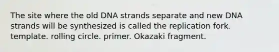 The site where the old DNA strands separate and new DNA strands will be synthesized is called the replication fork. template. rolling circle. primer. Okazaki fragment.