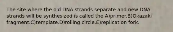 The site where the old DNA strands separate and new DNA strands will be synthesized is called the A)primer.B)Okazaki fragment.C)template.D)rolling circle.E)replication fork.