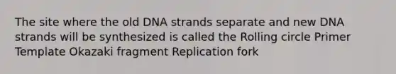 The site where the old DNA strands separate and new DNA strands will be synthesized is called the Rolling circle Primer Template Okazaki fragment Replication fork