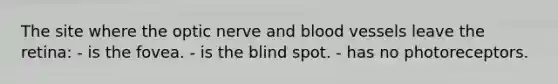 The site where the optic nerve and blood vessels leave the retina: - is the fovea. - is the blind spot. - has no photoreceptors.