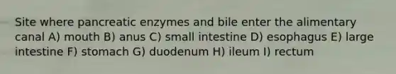 Site where pancreatic enzymes and bile enter the alimentary canal A) mouth B) anus C) small intestine D) esophagus E) large intestine F) stomach G) duodenum H) ileum I) rectum