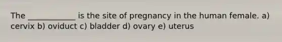 The ____________ is the site of pregnancy in the human female. a) cervix b) oviduct c) bladder d) ovary e) uterus