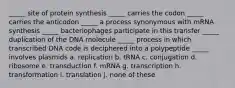 _____ site of protein synthesis _____ carries the codon _____ carries the anticodon _____ a process synonymous with mRNA synthesis _____ bacteriophages participate in this transfer _____ duplication of the DNA molecule _____ process in which transcribed DNA code is deciphered into a polypeptide _____ involves plasmids a. replication b. tRNA c. conjugation d. ribosome e. transduction f. mRNA g. transcription h. transformation i. translation j. none of these