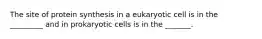 The site of protein synthesis in a eukaryotic cell is in the _________ and in prokaryotic cells is in the _______.