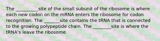 The __________site of the small subunit of the ribosome is where each new codon on the mRNA enters the ribosome for codon recognition. The _______site contains the tRNA that is connected to the growing polypeptide chain. The ________site is where the tRNA's leave the ribosome.