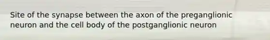 Site of the synapse between the axon of the preganglionic neuron and the cell body of the postganglionic neuron