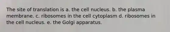 The site of translation is a. the cell nucleus. b. the plasma membrane. c. ribosomes in the cell cytoplasm d. ribosomes in the cell nucleus. e. the Golgi apparatus.