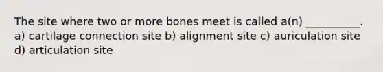 The site where two or more bones meet is called a(n) __________. a) cartilage connection site b) alignment site c) auriculation site d) articulation site