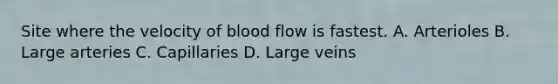 Site where the velocity of blood flow is fastest. A. Arterioles B. Large arteries C. Capillaries D. Large veins