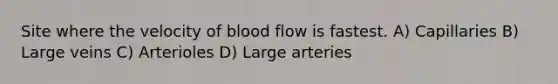 Site where the velocity of blood flow is fastest. A) Capillaries B) Large veins C) Arterioles D) Large arteries