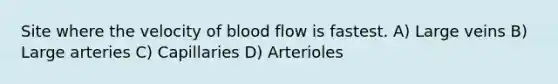 Site where the velocity of blood flow is fastest. A) Large veins B) Large arteries C) Capillaries D) Arterioles