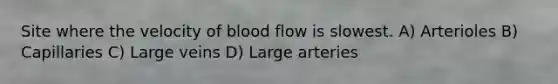 Site where the velocity of blood flow is slowest. A) Arterioles B) Capillaries C) Large veins D) Large arteries