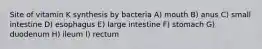 Site of vitamin K synthesis by bacteria A) mouth B) anus C) small intestine D) esophagus E) large intestine F) stomach G) duodenum H) ileum I) rectum