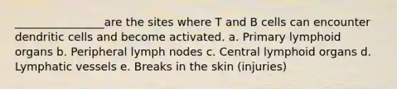 ________________are the sites where T and B cells can encounter dendritic cells and become activated. a. Primary lymphoid organs b. Peripheral lymph nodes c. Central lymphoid organs d. Lymphatic vessels e. Breaks in the skin (injuries)