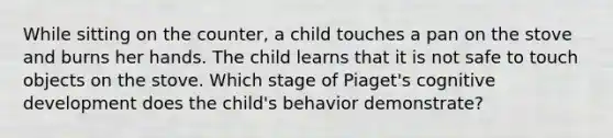 While sitting on the counter, a child touches a pan on the stove and burns her hands. The child learns that it is not safe to touch objects on the stove. Which stage of Piaget's cognitive development does the child's behavior demonstrate?