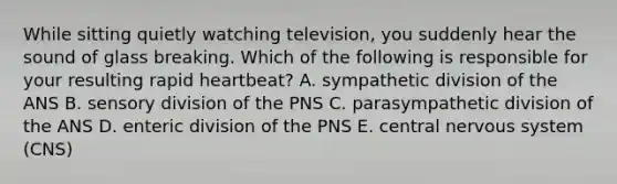 While sitting quietly watching television, you suddenly hear the sound of glass breaking. Which of the following is responsible for your resulting rapid heartbeat? A. sympathetic division of the ANS B. sensory division of the PNS C. parasympathetic division of the ANS D. enteric division of the PNS E. central nervous system (CNS)