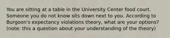 You are sitting at a table in the University Center food court. Someone you do not know sits down next to you. According to Burgoon's expectancy violations theory, what are your options? (note: this a question about your understanding of the theory)