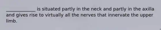 _____________ is situated partly in the neck and partly in the axilla and gives rise to virtually all the nerves that innervate the <a href='https://www.questionai.com/knowledge/kJyXBSF4I2-upper-limb' class='anchor-knowledge'>upper limb</a>.