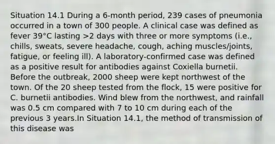 Situation 14.1 During a 6-month period, 239 cases of pneumonia occurred in a town of 300 people. A clinical case was defined as fever 39°C lasting >2 days with three or more symptoms (i.e., chills, sweats, severe headache, cough, aching muscles/joints, fatigue, or feeling ill). A laboratory-confirmed case was defined as a positive result for antibodies against Coxiella burnetii. Before the outbreak, 2000 sheep were kept northwest of the town. Of the 20 sheep tested from the flock, 15 were positive for C. burnetii antibodies. Wind blew from the northwest, and rainfall was 0.5 cm compared with 7 to 10 cm during each of the previous 3 years.In Situation 14.1, the method of transmission of this disease was