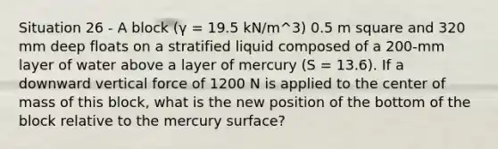 Situation 26 - A block (γ = 19.5 kN/m^3) 0.5 m square and 320 mm deep floats on a stratified liquid composed of a 200-mm layer of water above a layer of mercury (S = 13.6). If a downward vertical force of 1200 N is applied to the center of mass of this block, what is the new position of the bottom of the block relative to the mercury surface?