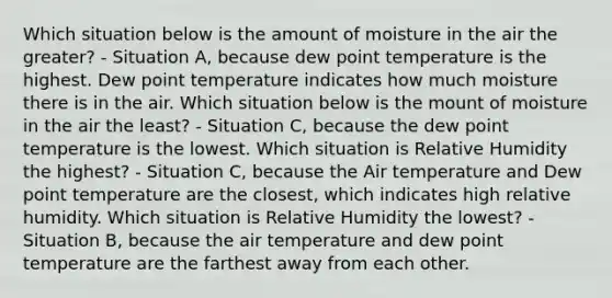 Which situation below is the amount of moisture in the air the greater? - Situation A, because dew point temperature is the highest. Dew point temperature indicates how much moisture there is in the air. Which situation below is the mount of moisture in the air the least? - Situation C, because the dew point temperature is the lowest. Which situation is Relative Humidity the highest? - Situation C, because the Air temperature and Dew point temperature are the closest, which indicates high relative humidity. Which situation is Relative Humidity the lowest? - Situation B, because the air temperature and dew point temperature are the farthest away from each other.