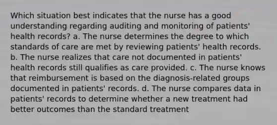 Which situation best indicates that the nurse has a good understanding regarding auditing and monitoring of patients' health records? a. The nurse determines the degree to which standards of care are met by reviewing patients' health records. b. The nurse realizes that care not documented in patients' health records still qualifies as care provided. c. The nurse knows that reimbursement is based on the diagnosis-related groups documented in patients' records. d. The nurse compares data in patients' records to determine whether a new treatment had better outcomes than the standard treatment