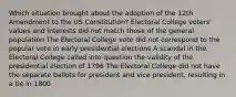 Which situation brought about the adoption of the 12th Amendment to the US Constitution? Electoral College voters' values and interests did not match those of the general population The Electoral College vote did not correspond to the popular vote in early presidential elections A scandal in the Electoral College called into question the validity of the presidential election of 1796 The Electoral College did not have the separate ballots for president and vice president, resulting in a tie in 1800