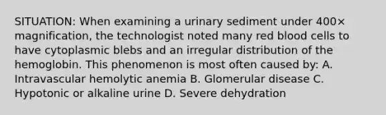 SITUATION: When examining a urinary sediment under 400× magnification, the technologist noted many red blood cells to have cytoplasmic blebs and an irregular distribution of the hemoglobin. This phenomenon is most often caused by: A. Intravascular hemolytic anemia B. Glomerular disease C. Hypotonic or alkaline urine D. Severe dehydration