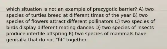 which situation is not an example of prezygotic barrier? A) two species of turtles breed at different times of the year B) two species of flowers attract different pollinators C) two species of birds display different mating dances D) two species of insects produce infertile offspring E) two species of mammals have genitalia that do not "fit" together