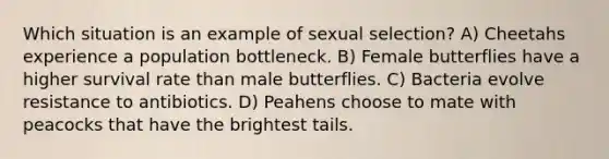 Which situation is an example of sexual selection? A) Cheetahs experience a population bottleneck. B) Female butterflies have a higher survival rate than male butterflies. C) Bacteria evolve resistance to antibiotics. D) Peahens choose to mate with peacocks that have the brightest tails.