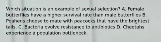 Which situation is an example of sexual selection? A. Female butterflies have a higher survival rate than male butterflies B. Peahens choose to mate with peacocks that have the brightest tails. C. Bacteria evolve resistance to antibiotics D. Cheetahs experience a population bottleneck.