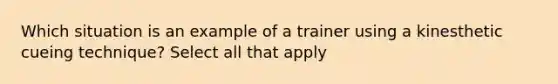 Which situation is an example of a trainer using a kinesthetic cueing technique? Select all that apply