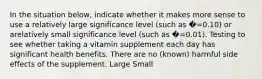 In the situation below, indicate whether it makes more sense to use a relatively large significance level (such as �=0.10) or arelatively small significance level (such as �=0.01). Testing to see whether taking a vitamin supplement each day has significant health benefits. There are no (known) harmful side effects of the supplement. Large Small