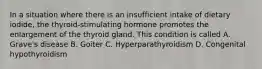 In a situation where there is an insufficient intake of dietary iodide, the thyroid-stimulating hormone promotes the enlargement of the thyroid gland. This condition is called A. Grave's disease B. Goiter C. Hyperparathyroidism D. Congenital hypothyroidism