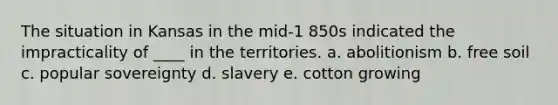 The situation in Kansas in the mid-1 850s indicated the impracticality of ____ in the territories. a. abolitionism b. free soil c. popular sovereignty d. slavery e. cotton growing