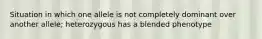 Situation in which one allele is not completely dominant over another allele; heterozygous has a blended phenotype