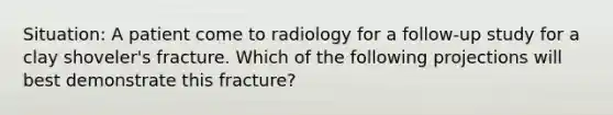 Situation: A patient come to radiology for a follow-up study for a clay shoveler's fracture. Which of the following projections will best demonstrate this fracture?