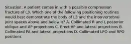 Situation: A patient comes in with a possible compression fracture of L3. Which one of the following positioning routines would best demonstrate the body of L3 and the intervertebral joint spaces above and below it? A. Collimated R and L posterior oblique and AP projections C. Erect AP and lateral projections B. Collimated PA and lateral projections D. Collimated LPO and RPO positions