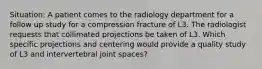 Situation: A patient comes to the radiology department for a follow up study for a compression fracture of L3. The radiologist requests that collimated projections be taken of L3. Which specific projections and centering would provide a quality study of L3 and intervertebral joint spaces?