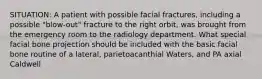 SITUATION: A patient with possible facial fractures, including a possible "blow-out" fracture to the right orbit, was brought from the emergency room to the radiology department. What special facial bone projection should be included with the basic facial bone routine of a lateral, parietoacanthial Waters, and PA axial Caldwell