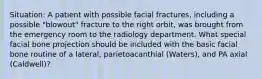 Situation: A patient with possible facial fractures, including a possible "blowout" fracture to the right orbit, was brought from the emergency room to the radiology department. What special facial bone projection should be included with the basic facial bone routine of a lateral, parietoacanthial (Waters), and PA axial (Caldwell)?