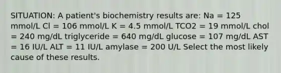 SITUATION: A patient's biochemistry results are: Na = 125 mmol/L Cl = 106 mmol/L K = 4.5 mmol/L TCO2 = 19 mmol/L chol = 240 mg/dL triglyceride = 640 mg/dL glucose = 107 mg/dL AST = 16 IU/L ALT = 11 IU/L amylase = 200 U/L Select the most likely cause of these results.