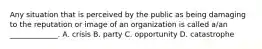 Any situation that is perceived by the public as being damaging to the reputation or image of an organization is called a/an _____________. A. crisis B. party C. opportunity D. catastrophe