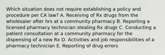 Which situation does not require establishing a policy and procedure per CA law? A. Receiving of Rx drugs from the wholesaler after hrs at a community pharmacy B. Reporting a licensed pharmacy technician stealing Rx drugs C. Conducting a patient consultation at a community pharmacy for the dispensing of a new Rx D. Activities and job responsibilities of a pharmacy technician E. Reporting of drug errors