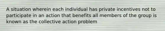 A situation wherein each individual has private incentives not to participate in an action that benefits all members of the group is known as the collective action problem