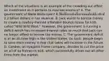 Which of the situations is an example of the crowding-out effect on investment as it pertains to macroeconomics? A. The government of Walla Walla spent 4.3 billion dollars and collected2.2 billion dollars in tax revenue. B. Jack wants to borrow money to create a cowboy-themed inflatable bounce house for kids called "Wild Wild West." However, the government is running a deficit which has increased interest rates so much that Jack can no longer afford to borrow the money. C. The government deficit is at an all-time high in the United States. As such, people begin to save more money in fear that takes will increase in the future. D. Candex, an eyeglass frame company, decides to cut the price on all of its frames to 10, which successfully drives out all other firms from the market.