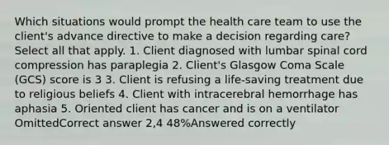 Which situations would prompt the health care team to use the client's advance directive to make a decision regarding care? Select all that apply. 1. Client diagnosed with lumbar spinal cord compression has paraplegia 2. Client's Glasgow Coma Scale (GCS) score is 3 3. Client is refusing a life-saving treatment due to religious beliefs 4. Client with intracerebral hemorrhage has aphasia 5. Oriented client has cancer and is on a ventilator OmittedCorrect answer 2,4 48%Answered correctly